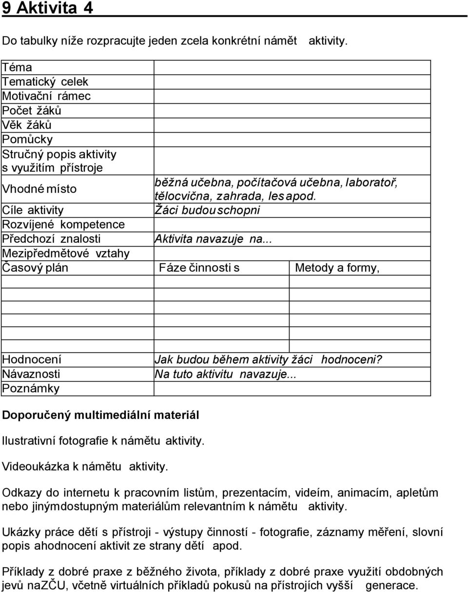 Časový plán běžná učebna, počítačová učebna, laboratoř, tělocvična, zahrada, les apod. Žáci budou schopni Aktivita navazuje na.