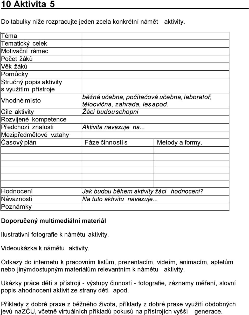 Časový plán běžná učebna, počítačová učebna, laboratoř, tělocvična, zahrada, les apod. Žáci budou schopni Aktivita navazuje na.