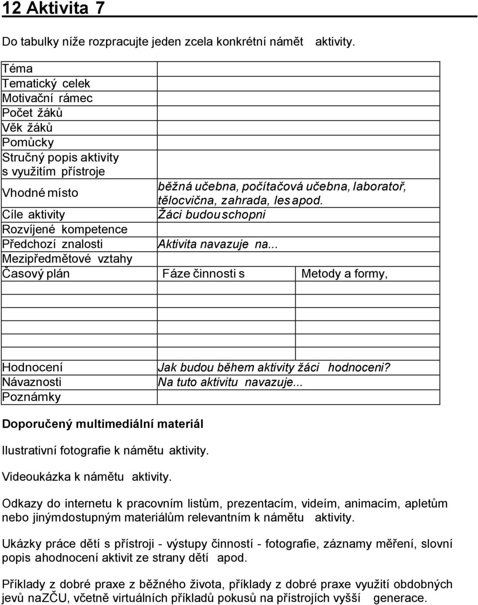 Časový plán běžná učebna, počítačová učebna, laboratoř, tělocvična, zahrada, les apod. Žáci budou schopni Aktivita navazuje na.
