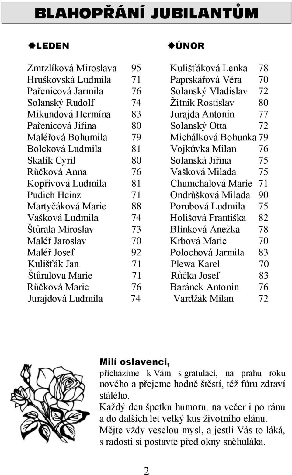 Růčková Anna 76 Vašková Milada 75 Kopřivová Ludmila 81 Chumchalová Marie 71 Pudich Heinz 71 Ondrůšková Milada 90 Martyčáková Marie 88 Porubová Ludmila 75 Vašková Ludmila 74 Holišová Františka 82