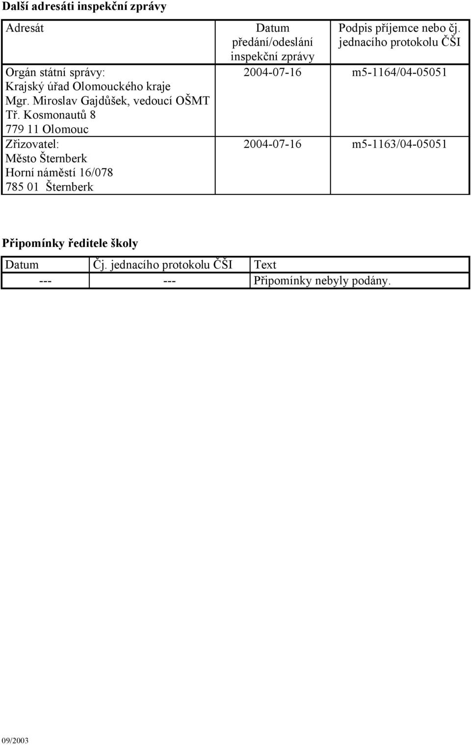 Kosmonautů 8 779 11 Olomouc Zřizovatel: Město Šternberk Horní náměstí 16/078 785 01 Šternberk Datum předání/odeslání