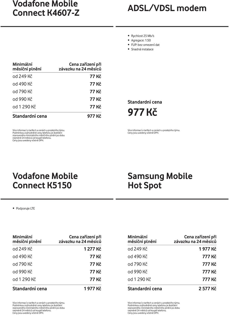 Vodafone Mobile Connect K5150 Samsung Mobile Hot Spot Podporuje LTE Minimální měsíční plnění Cena zařízení při závazku na 24 měsíců Minimální měsíční plnění Cena zařízení při závazku na 24 měsíců od