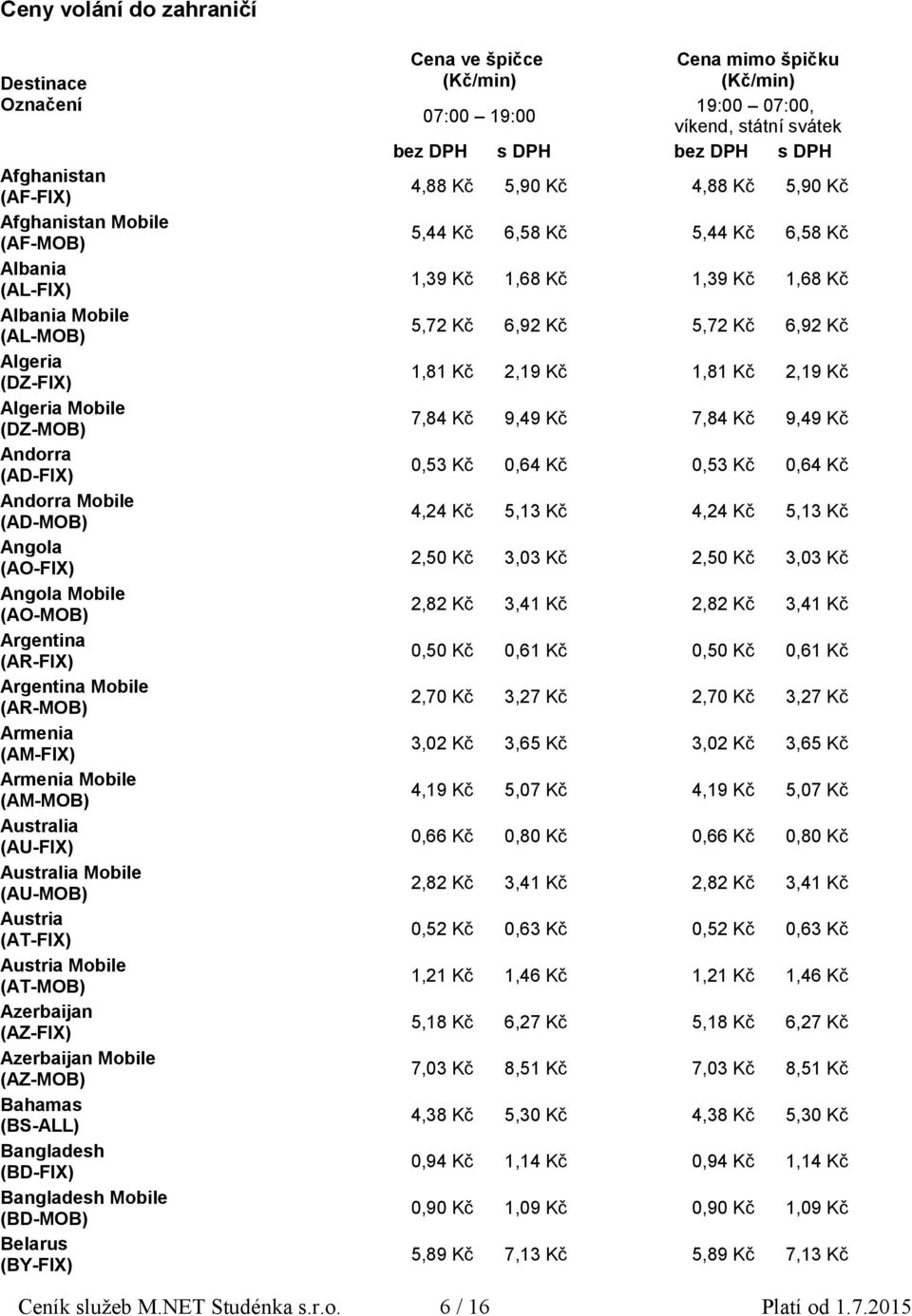 (AT-FIX) Austria Mobile (AT-MOB) Azerbaijan (AZ-FIX) Azerbaijan Mobile (AZ-MOB) Bahamas (BS-ALL) Bangladesh (BD-FIX) Bangladesh Mobile (BD-MOB) Belarus (BY-FIX) Cena ve špičce Cena mimo špičku