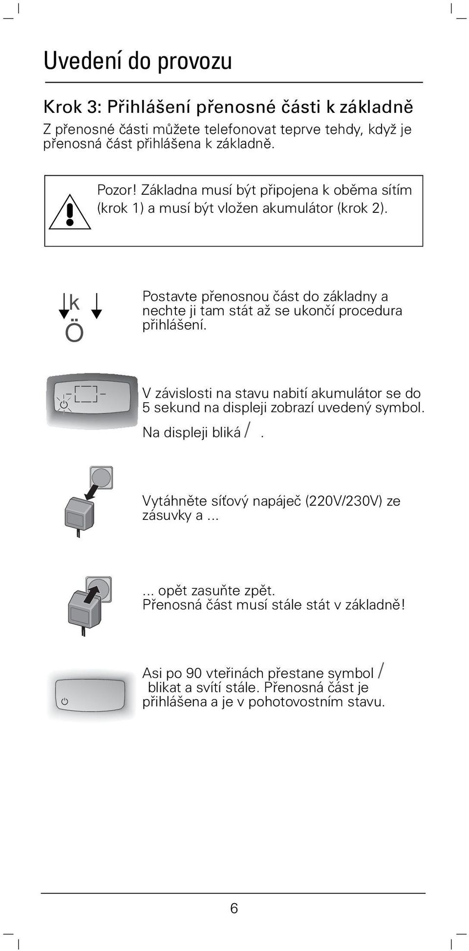 k Ö Postavte přenosnou část do základny a nechte ji tam stát až se ukončí procedura přihlášení.