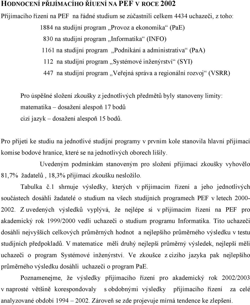 úspěšné složení zkoušky z jednotlivých předmětů byly stanoveny limity: matematika dosažení alespoň 17 bodů cizí jazyk dosažení alespoň 15 bodů.