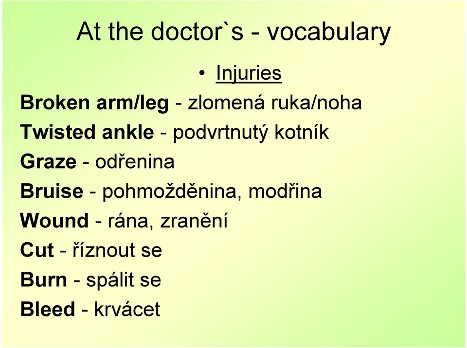 Graze -odřenina Bruise - pohmožděnina, modřina Wound -