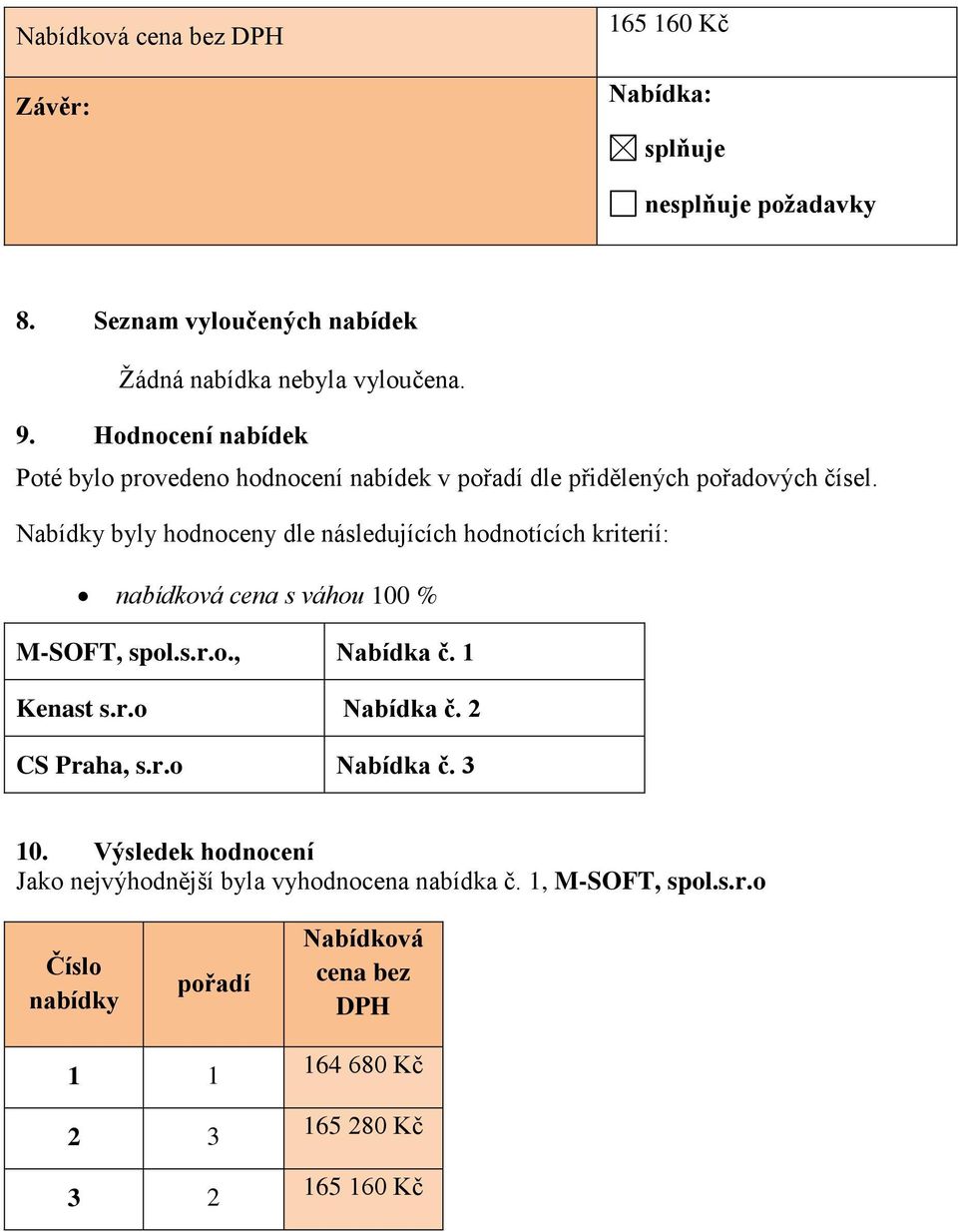 Nabídky byly hodnoceny dle následujících hodnotících kriterií: nabídková cena s váhou 100 % M-SOFT, spol.s.r.o., Nabídka č. 1 Kenast s.r.o Nabídka č.