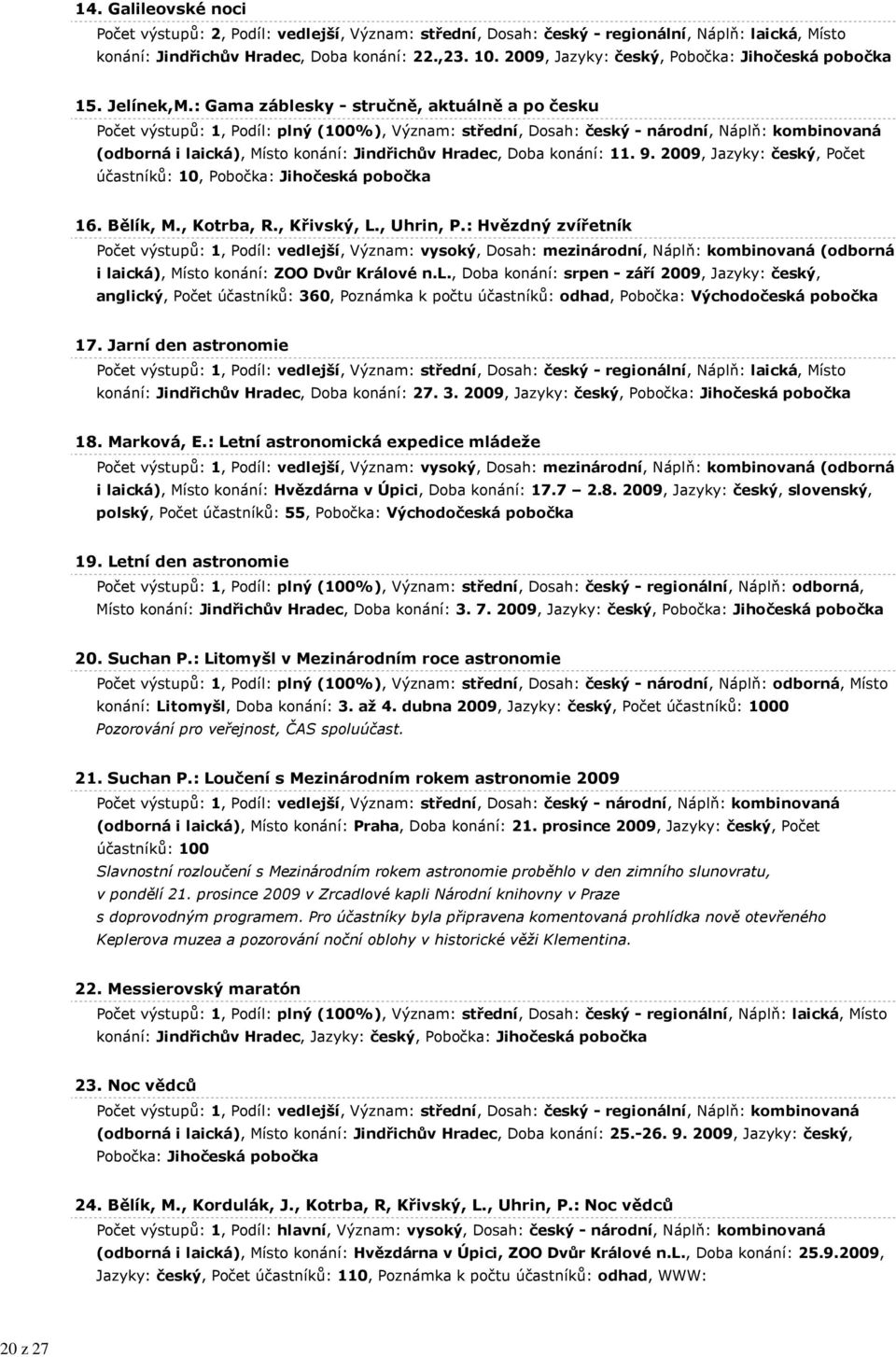 2009, Jazyky: český, Počet účastníků: 10, Pobočka: Jihočeská pobočka 16. Bělík, M., Kotrba, R., Křivský, L., Uhrin, P.