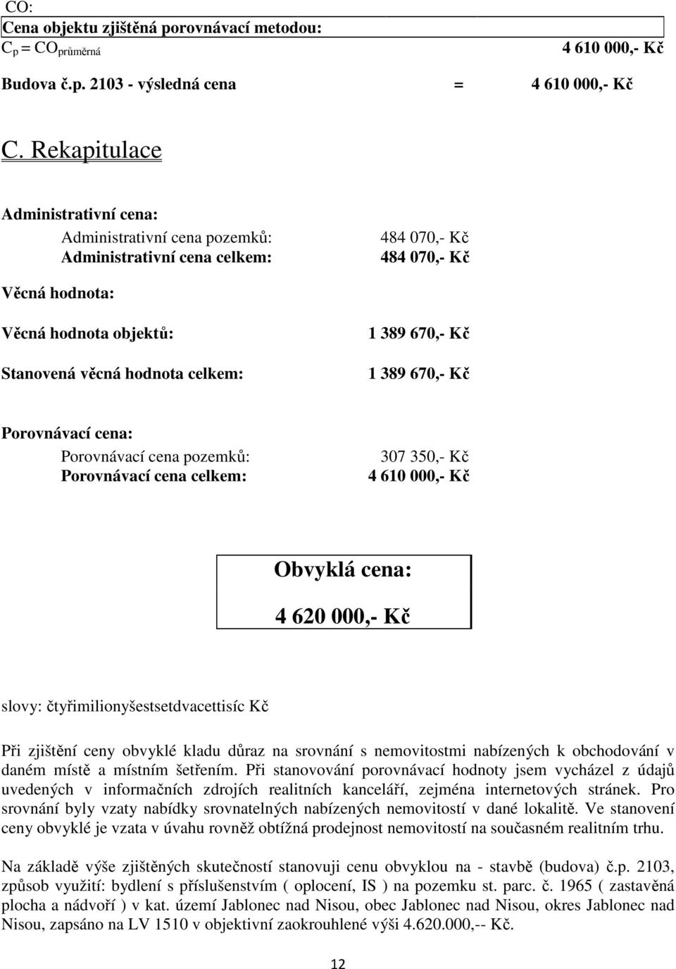 670,- Kč 1 389 670,- Kč Porovnávací cena: Porovnávací cena pozemků: Porovnávací cena celkem: 307 350,- Kč 4 610 000,- Kč Obvyklá cena: 4 620 000,- Kč slovy: čtyřimilionyšestsetdvacettisíc Kč Při