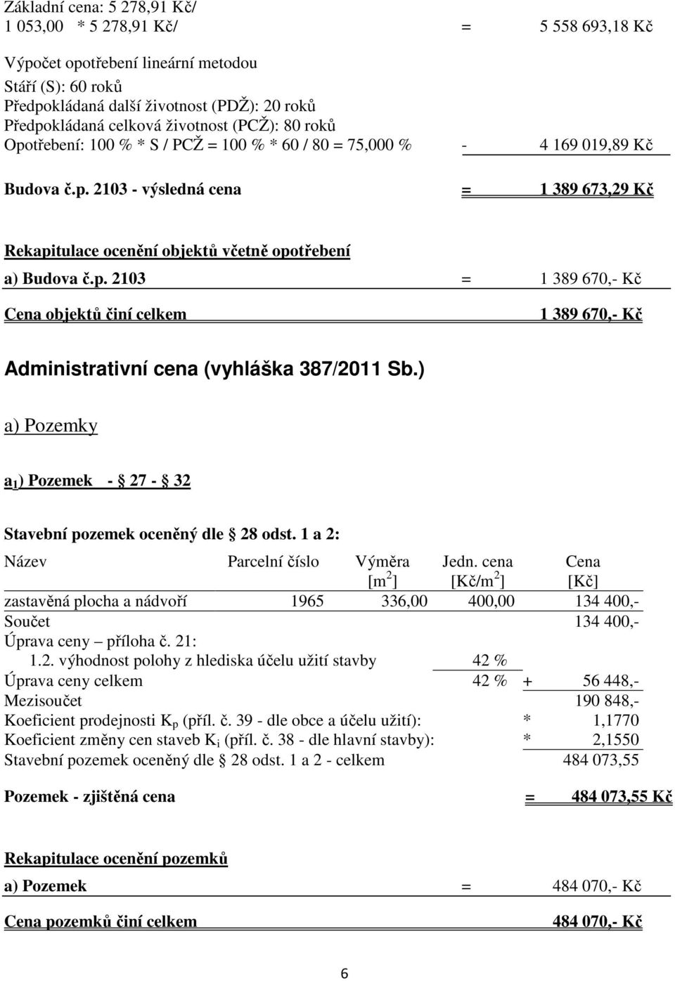 p. 2103 = 1 389 670,- Kč Cena objektů činí celkem 1 389 670,- Kč Administrativní cena (vyhláška 387/2011 Sb.) a) Pozemky a 1 ) Pozemek - 27-32 Stavební pozemek oceněný dle 28 odst.