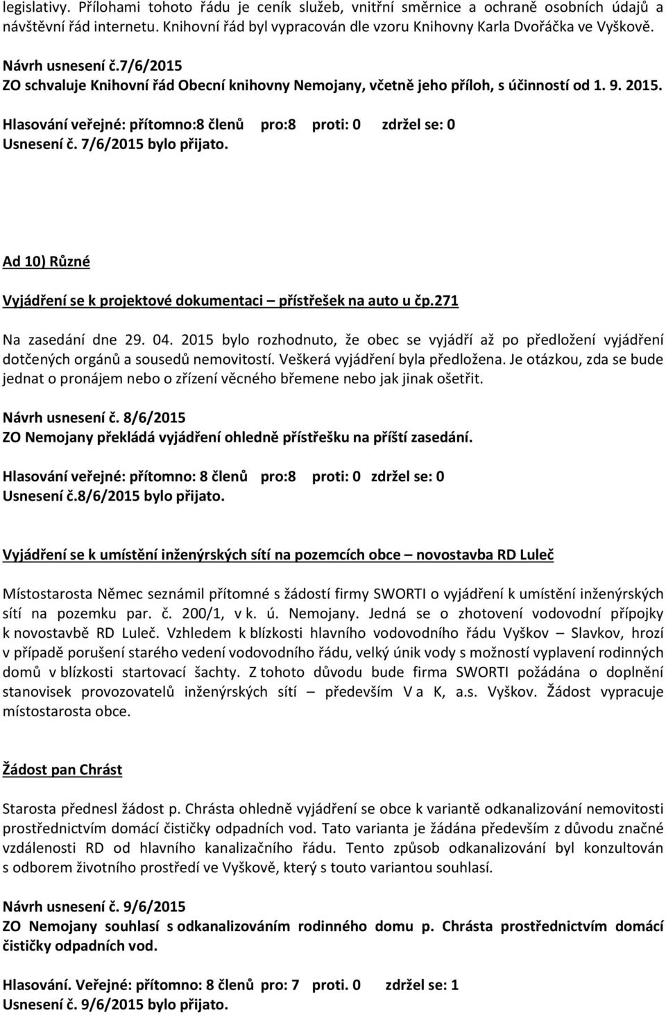 7/6/2015 bylo přijato. Ad 10) Různé Vyjádření se k projektové dokumentaci přístřešek na auto u čp.271 Na zasedání dne 29. 04.