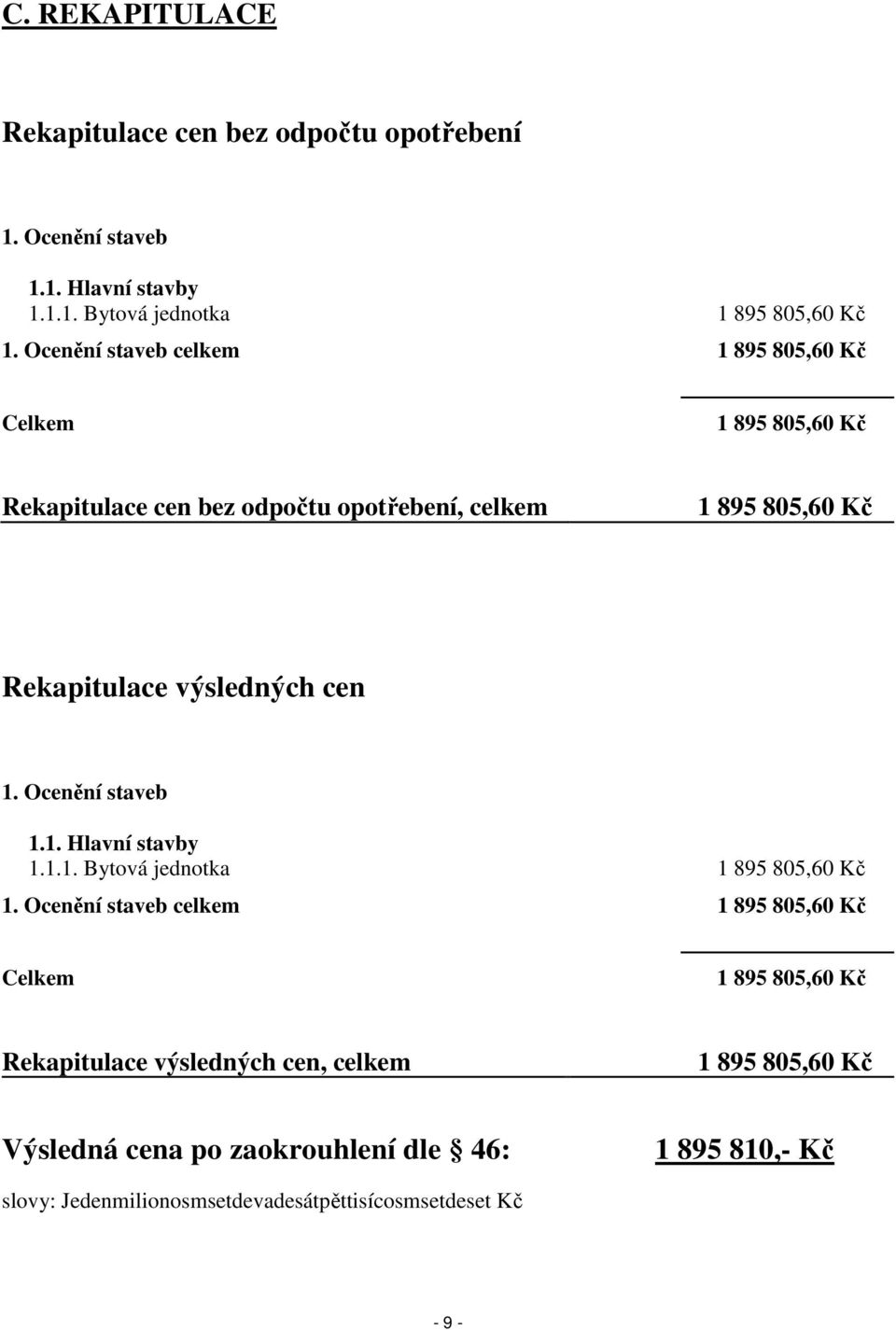 cen 1. Ocenění staveb 1.1. Hlavní stavby 1.1.1. Bytová jednotka 1 895 805,60 Kč 1.