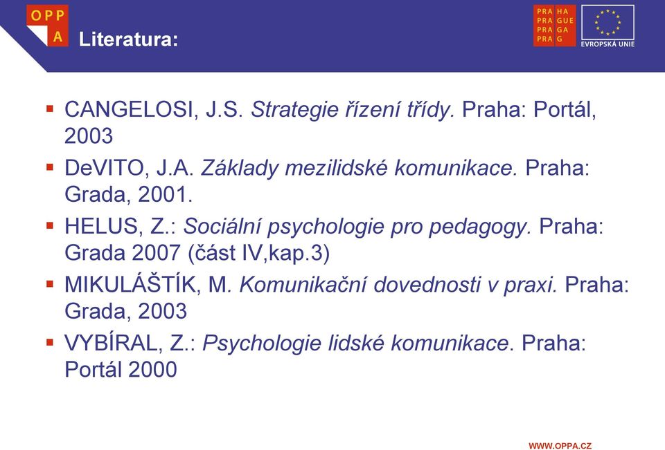 Praha: Grada 2007 (část IV,kap.3) MIKULÁŠTÍK, M. Komunikační dovednosti v praxi.