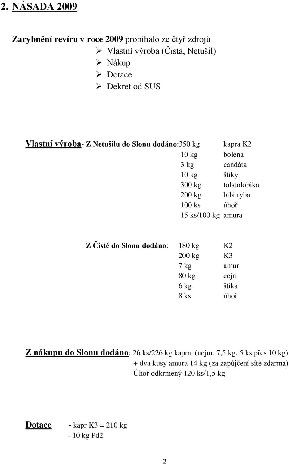 amura Z Čisté do Slonu dodáno: 180 kg K2 200 kg K3 7 kg amur 80 kg cejn 6 kg štika 8 ks úhoř Z nákupu do Slonu dodáno: 26 ks/226 kg kapra (nejm.