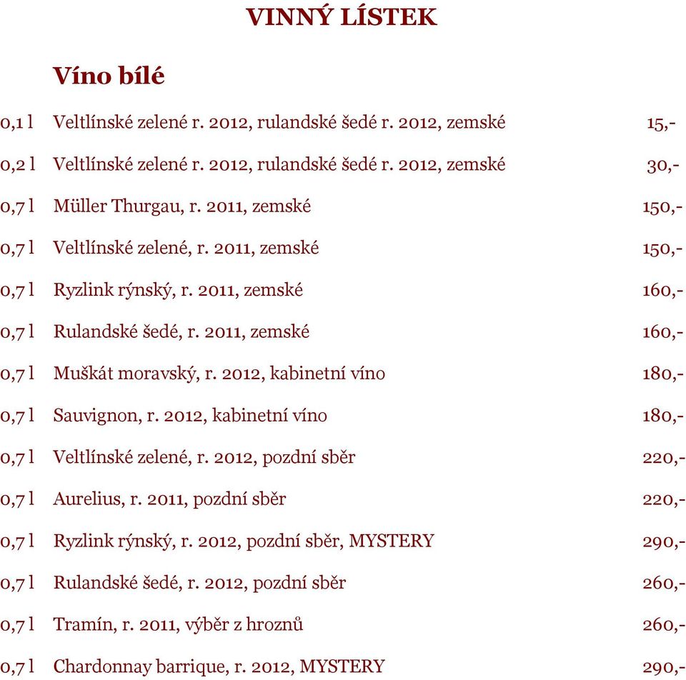 2012, kabinetní víno 180,- 0,7 l Sauvignon, r. 2012, kabinetní víno 180,- 0,7 l Veltlínské zelené, r. 2012, pozdní sběr 220,- 0,7 l Aurelius, r.
