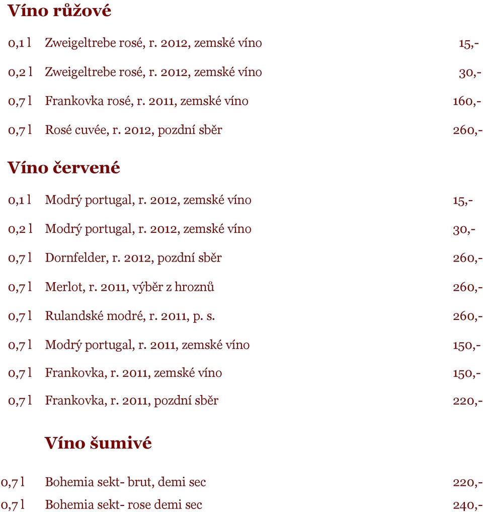 2012, zemské víno 30,- 0,7 l Dornfelder, r. 2012, pozdní sběr 260,- 0,7 l Merlot, r. 2011, výběr z hroznů 260,- 0,7 l Rulandské modré, r. 2011, p. s. 260,- 0,7 l Modrý portugal, r.