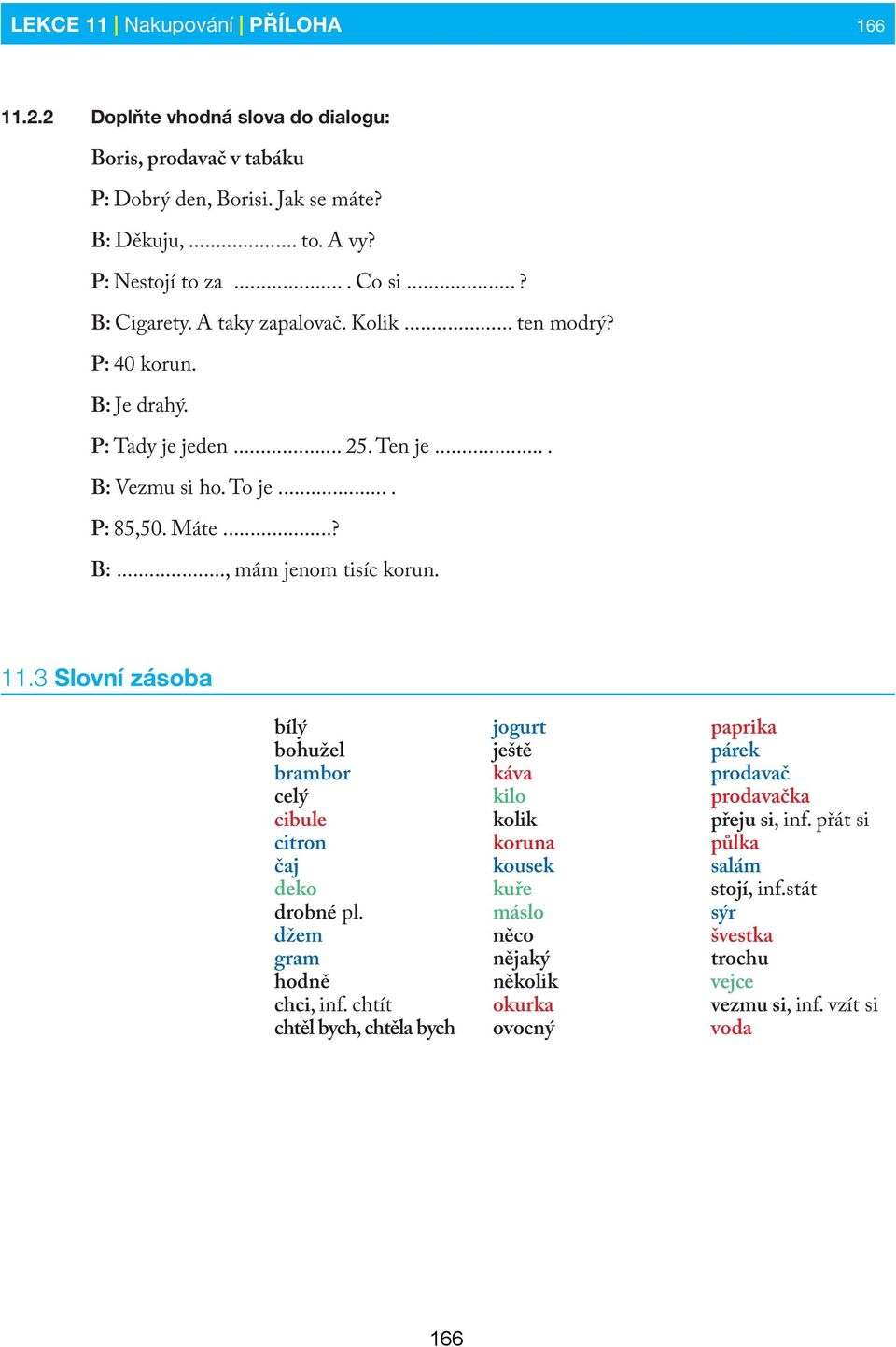 11.3 Slovní zásoba bílý bohužel brambor celý cibule citron čaj deko drobné pl. džem gram hodně chci, inf.