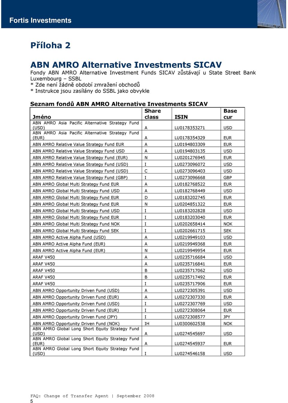 AMRO Asia Pacific Alternative Strategy Fund (EUR) A LU0178354329 EUR ABN AMRO Relative Value Strategy Fund EUR A LU0194803309 EUR ABN AMRO Relative Value Strategy Fund USD A LU0194803135 USD ABN AMRO