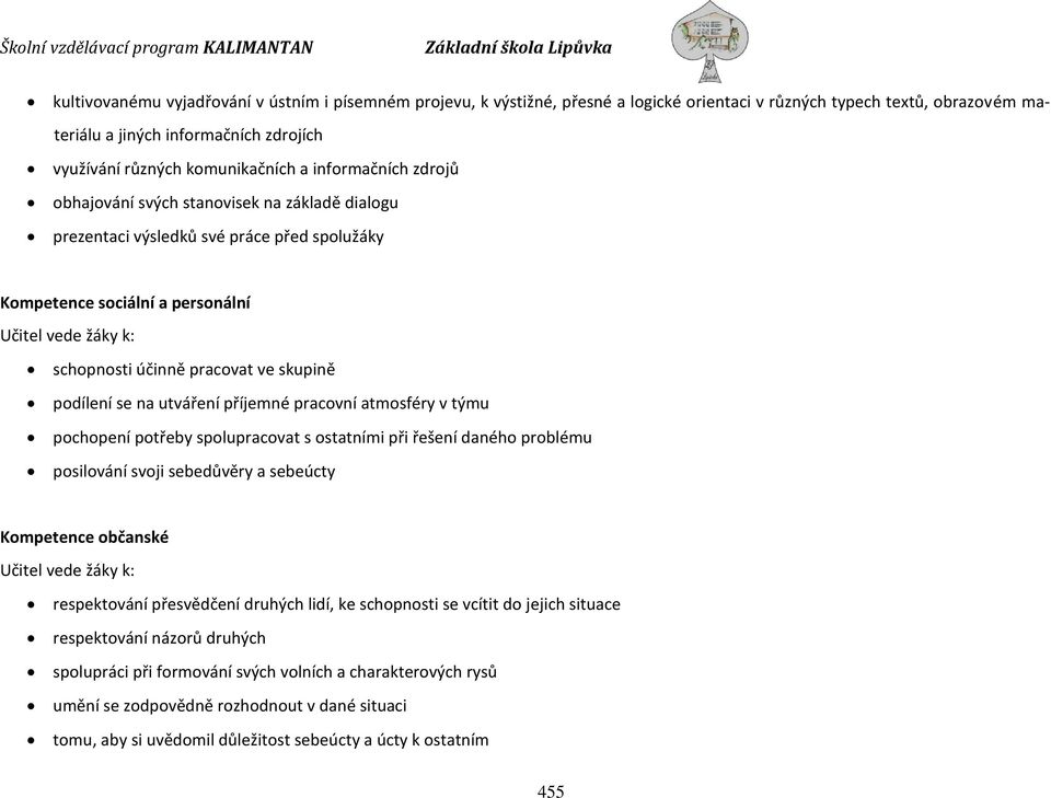 pracovat ve skupině podílení se na utváření příjemné pracovní atmosféry v týmu pochopení potřeby spolupracovat s ostatními při řešení daného problému posilování svoji sebedůvěry a sebeúcty Kompetence