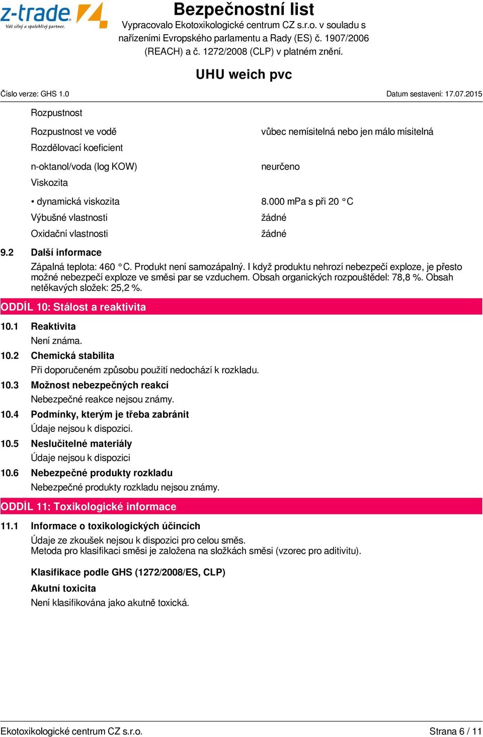 I když produktu nehrozí nebezpečí exploze, je přesto možné nebezpečí exploze ve směsi par se vzduchem. Obsah organických rozpouštědel: 78,8 %. Obsah netěkavých složek: 25,2 %.