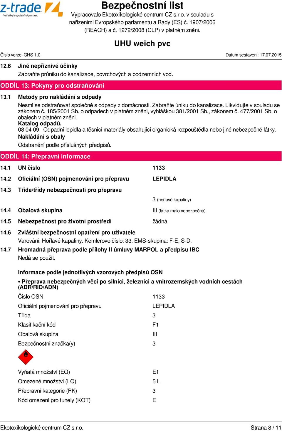 o odpadech v platném znění, vyhláškou 381/2001 Sb., zákonem č. 477/2001 Sb. o obalech v platném znění. Katalog odpadů.