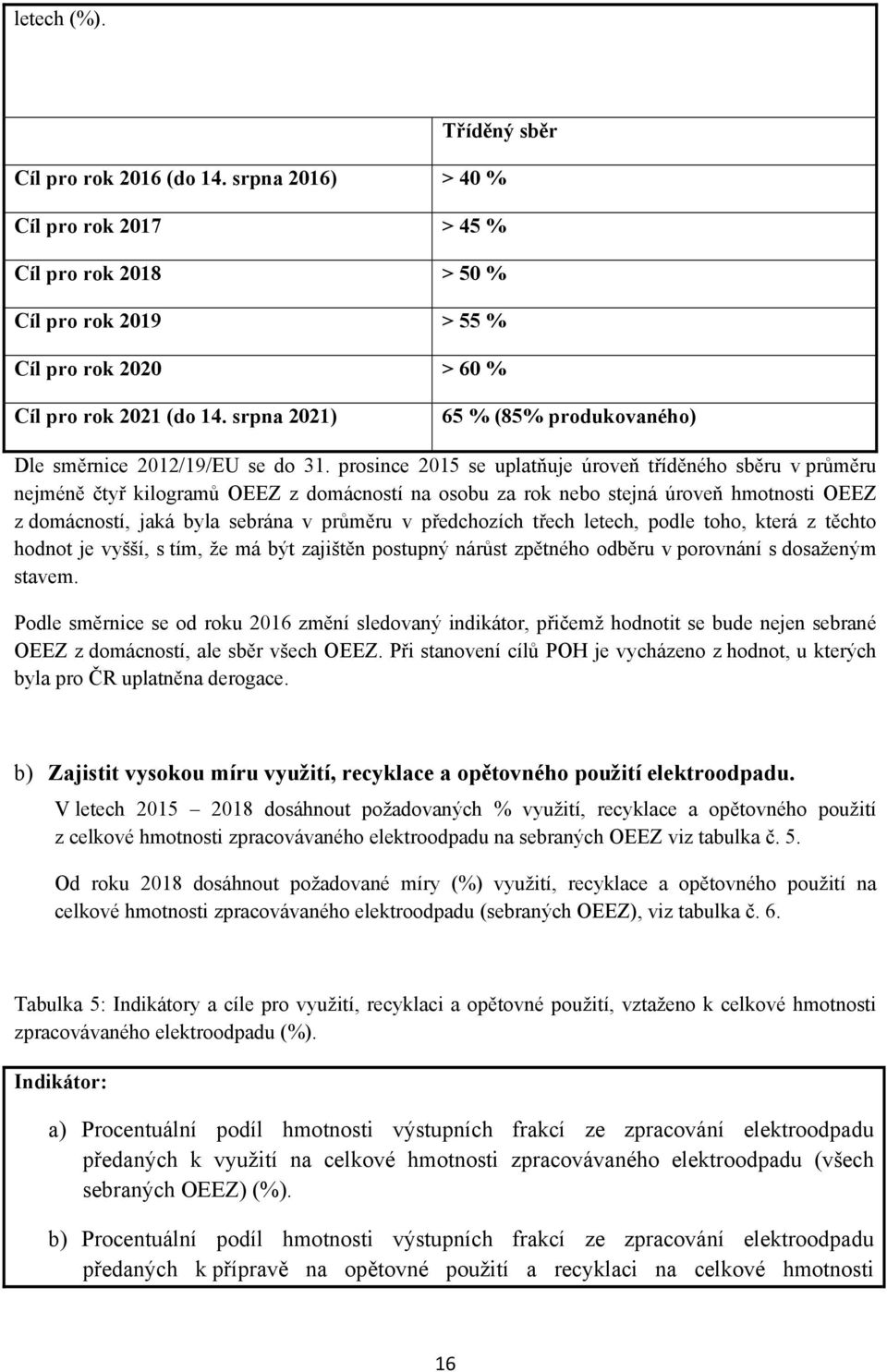 prosince 2015 se uplatňuje úroveň tříděného sběru v průměru nejméně čtyř kilogramů OEEZ z domácností na osobu za rok nebo stejná úroveň hmotnosti OEEZ z domácností, jaká byla sebrána v průměru v