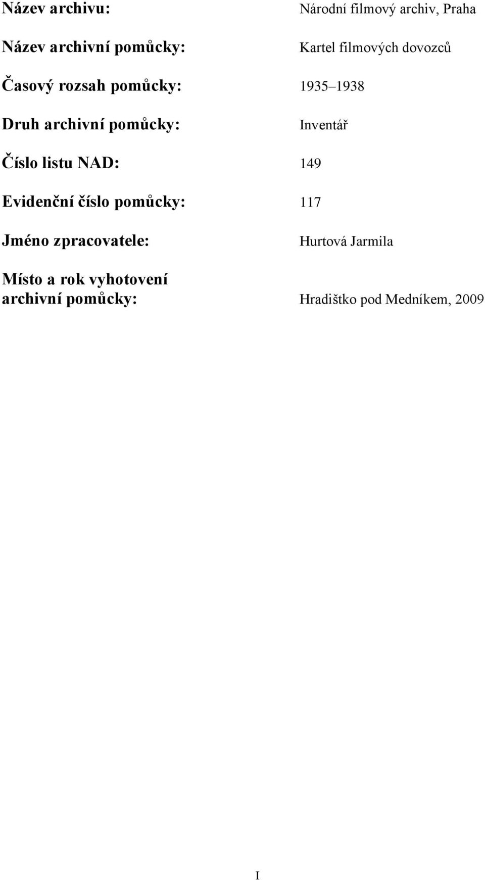 Inventář Číslo listu NAD: 149 Evidenční číslo pomůcky: 117 Jméno zpracovatele: