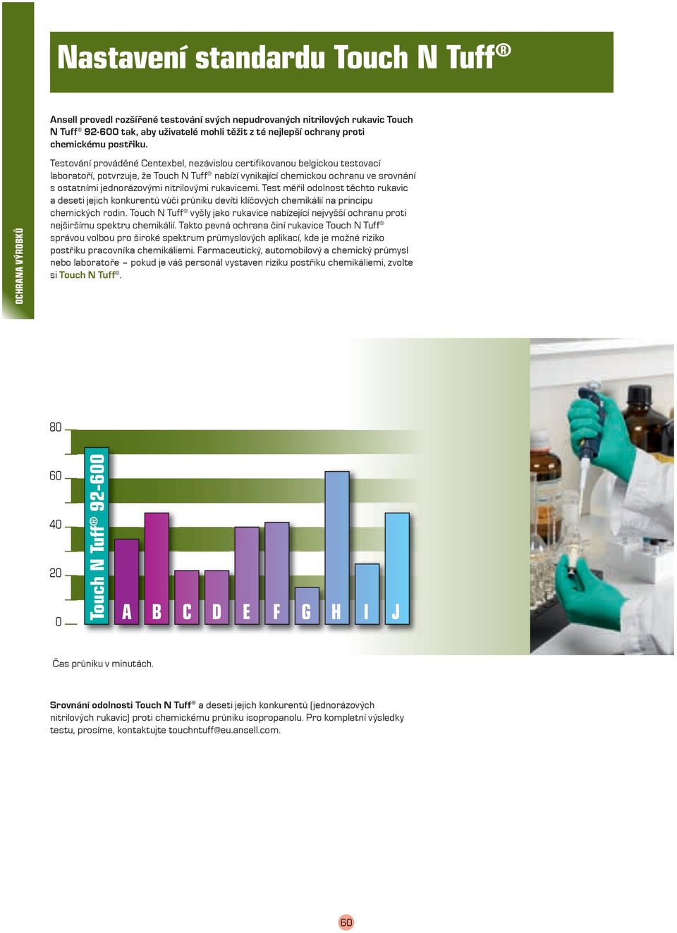 Testování prováděné Centexbel, nezávislou certifikovanou belgickou testovací laboratoří, potvrzuje, že Touch N Tuff nabízí vynikající chemickou ochranu ve srovnání s ostatními jednorázovými