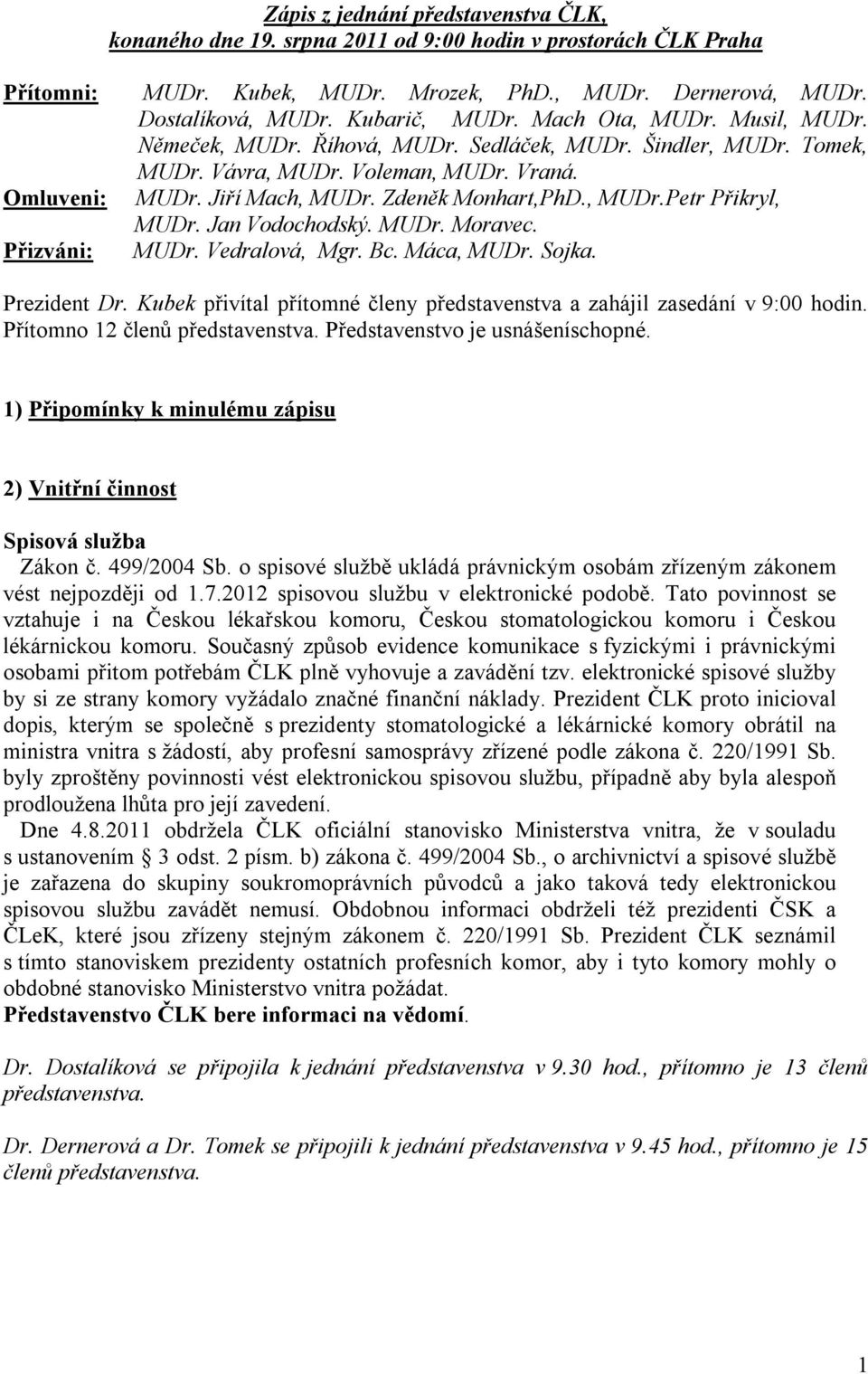 Zdeněk Monhart,PhD., MUDr.Petr Přikryl, MUDr. Jan Vodochodský. MUDr. Moravec. MUDr. Vedralová, Mgr. Bc. Máca, MUDr. Sojka. Prezident Dr.