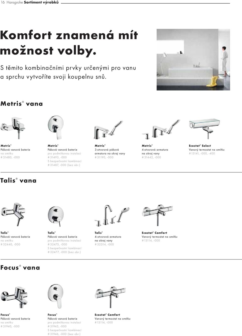 ) Metris 3-otvorová páková armatura na okraj vany # 31190, -000 Metris 4-otvorová armatura na okraj vany # 31442, -000 Ecostat Select Vanový termostat na omítku # 13141, -000, -400 Talis vana Talis