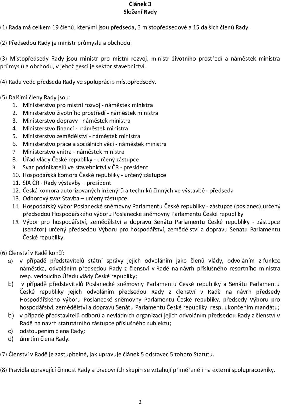 (4) Radu vede předseda Rady ve spolupráci s místopředsedy. (5) Dalšími členy Rady jsou: 1. Ministerstvo pro místní rozvoj - náměstek ministra 2. Ministerstvo životního prostředí - náměstek ministra 3.