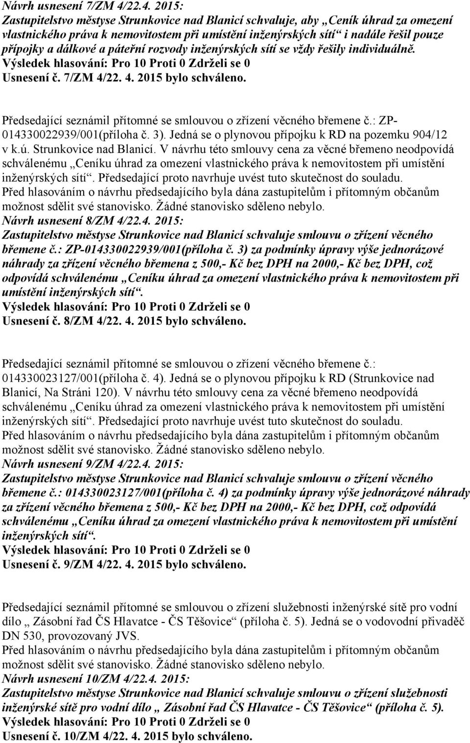 dálkové a páteřní rozvody inženýrských sítí se vždy řešily individuálně. Usnesení č. 7/ZM 4/22. 4. 2015 bylo schváleno. Předsedající seznámil přítomné se smlouvou o zřízení věcného břemene č.