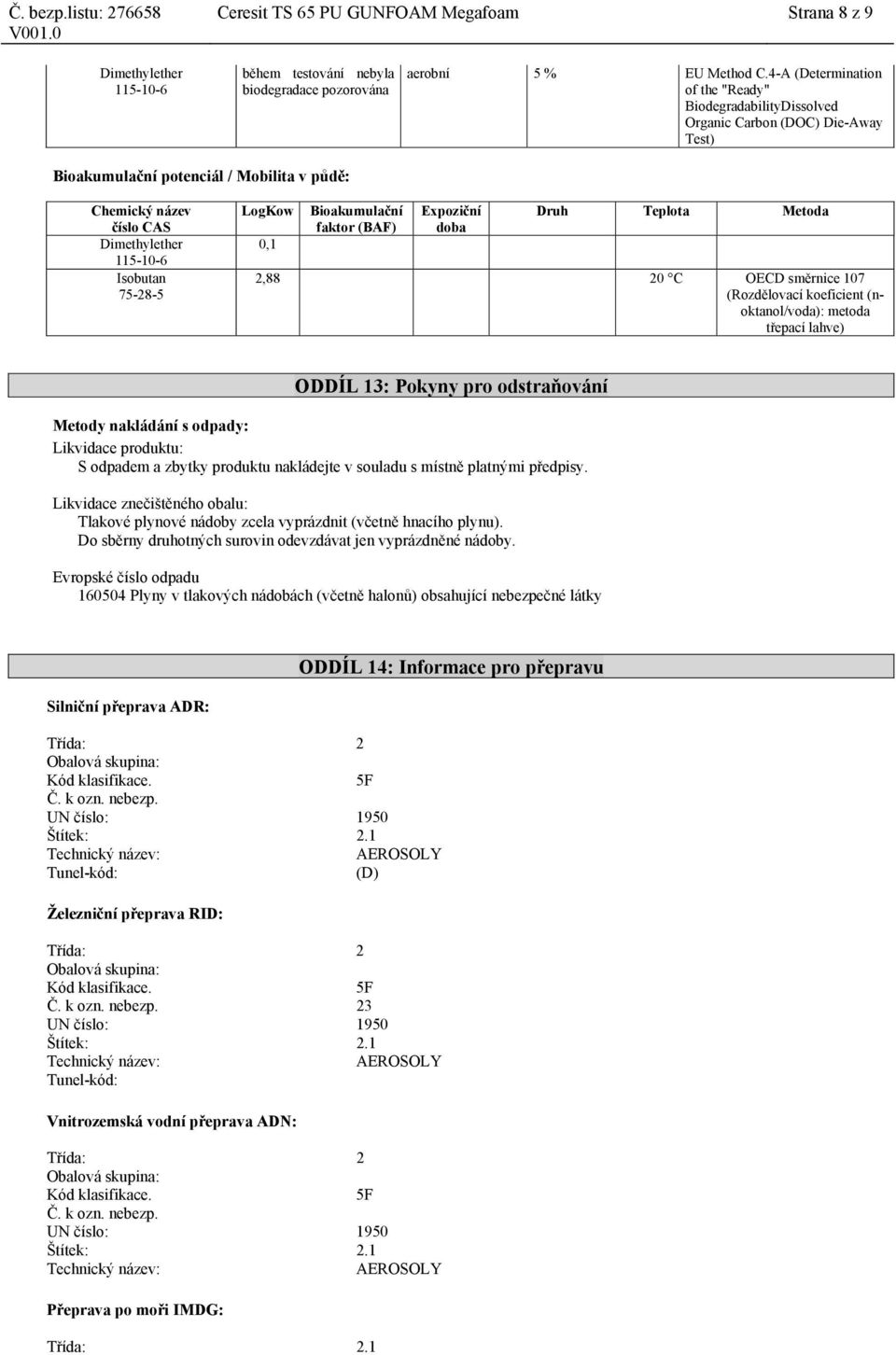 Expoziční doba Druh Teplota Metoda 2,88 20 C OECD směrnice 107 (Rozdělovací koeficient (noktanol/voda): metoda třepací lahve) ODDÍL 13: Pokyny pro odstraňování Metody nakládání s odpady: Likvidace