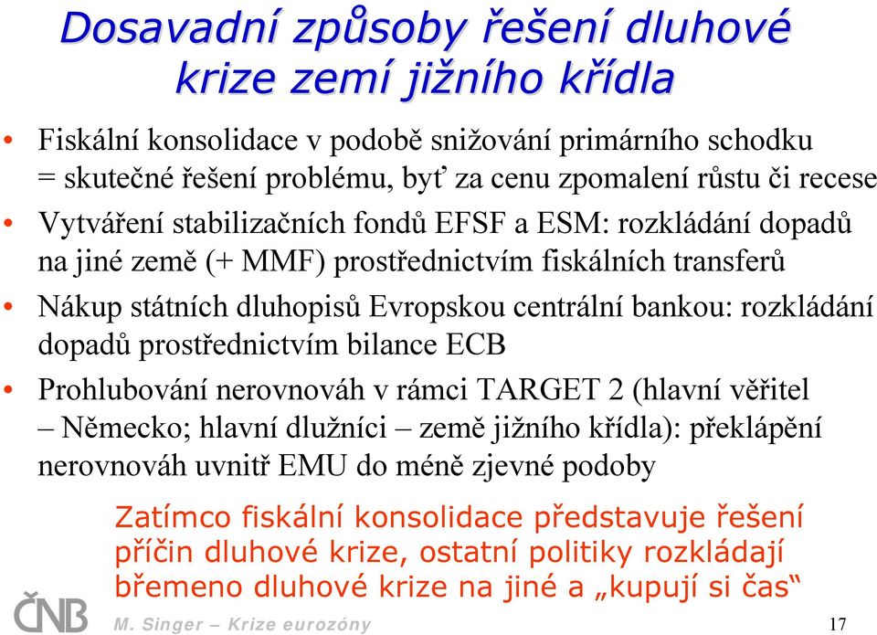 rozkládání dopadů prostřednictvím bilance ECB Prohlubování nerovnováh v rámci TARGET 2 (hlavní věřitel Německo; hlavní dlužníci země jižního křídla): překlápění nerovnováh uvnitř EMU