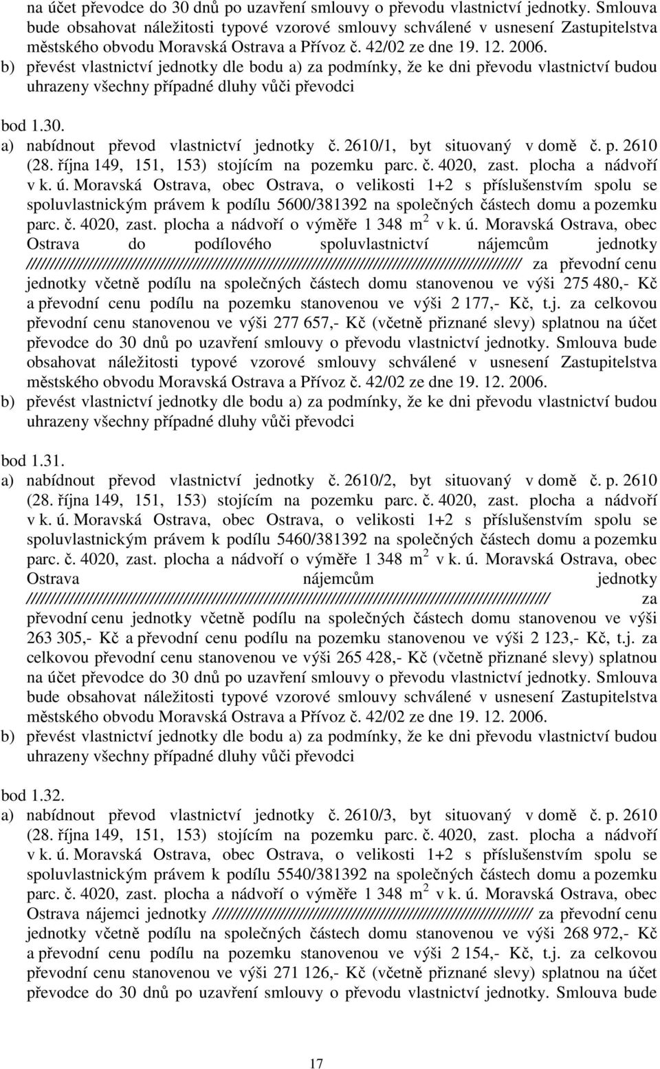 2610 spoluvlastnickým právem k podílu 5600/381392 na společných částech domu a pozemku Ostrava do podílového spoluvlastnictví nájemcům jednotky