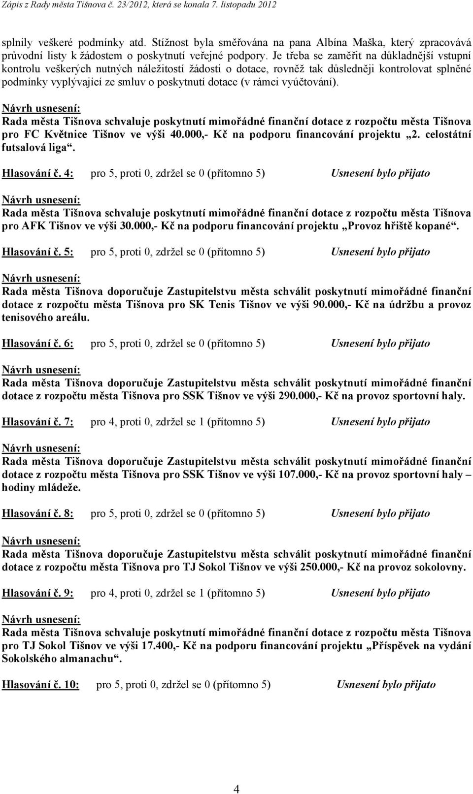 rámci vyúčtování). pro FC Květnice Tišnov ve výši 40.000,- Kč na podporu financování projektu 2. celostátní futsalová liga. Hlasování č.