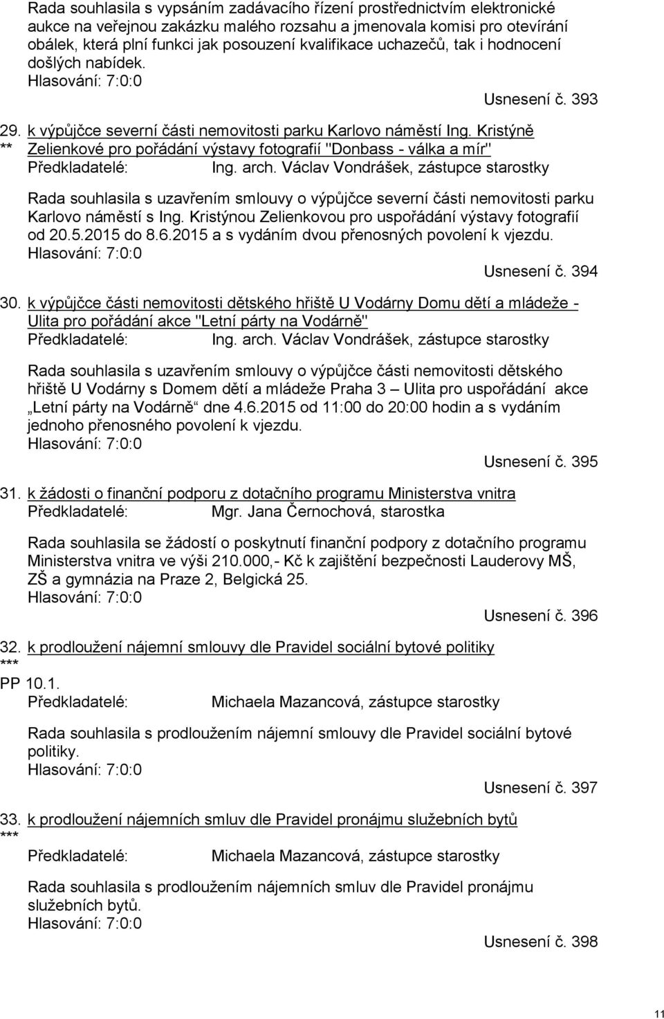 Kristýně Zelienkové pro pořádání výstavy fotografií "Donbass - válka a mír" Předkladatelé: Ing. arch.