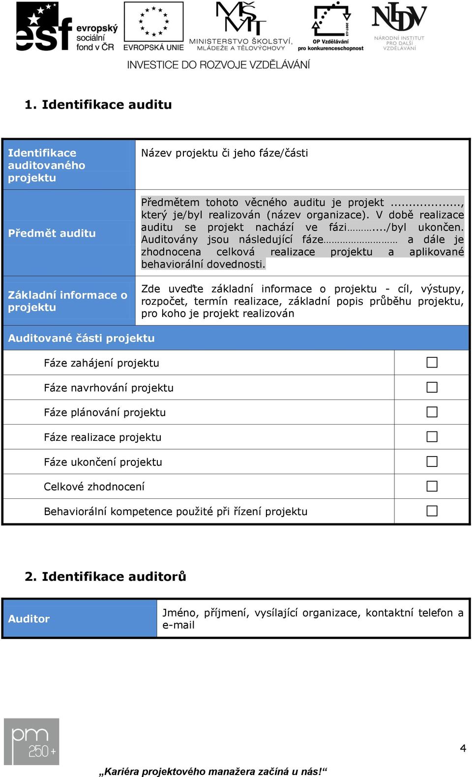 Auditovány jsou následující fáze a dále je zhodnocena celková realizace projektu a aplikované behaviorální dovednosti.