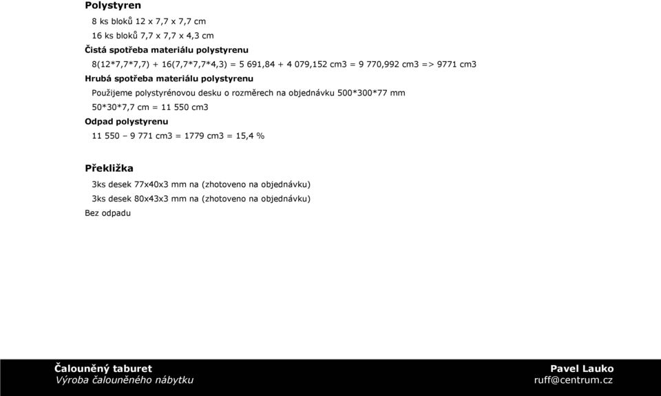 polystyrénovou desku o rozměrech na objednávku 500*300*77 mm 50*30*7,7 cm = 11 550 cm3 Odpad polystyrenu 11 550 9 771 cm3 =