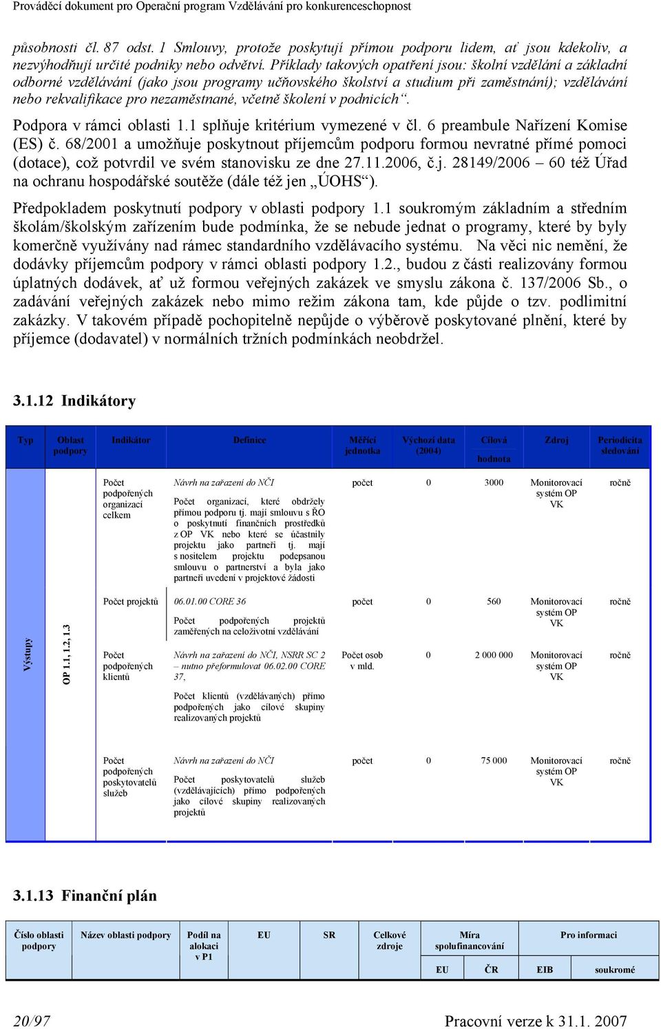 včetně školení v podnicích. Podpora v rámci oblasti 1.1 splňuje kritérium vymezené v čl. 6 preambule Nařízení Komise (ES) č.