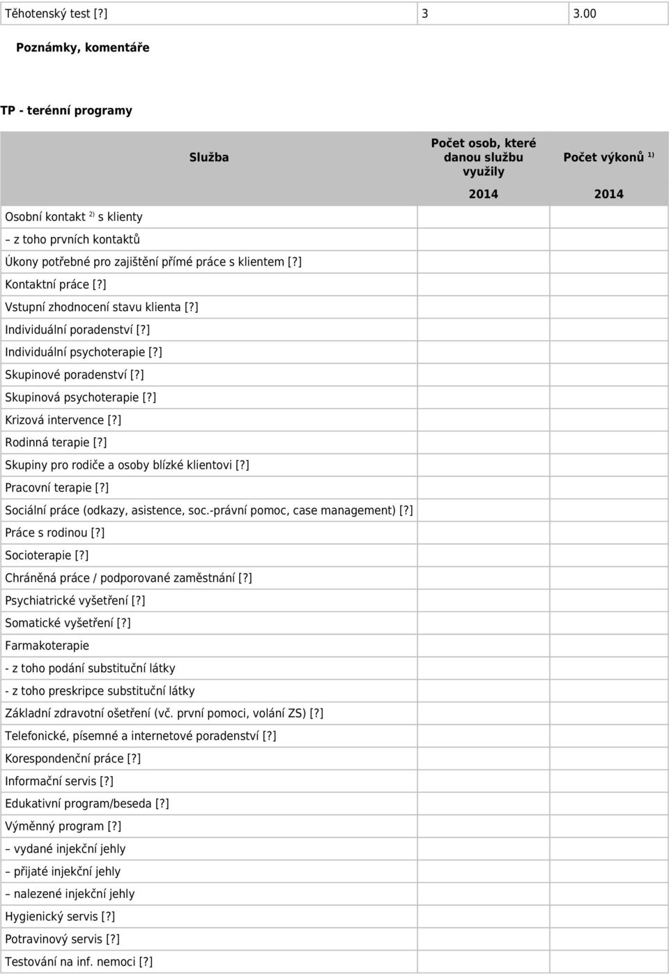 přímé práce s klientem [?] Kontaktní práce [?] Vstupní zhodnocení stavu klienta [?] Individuální poradenství [?] Individuální psychoterapie [?] Skupinové poradenství [?] Skupinová psychoterapie [?
