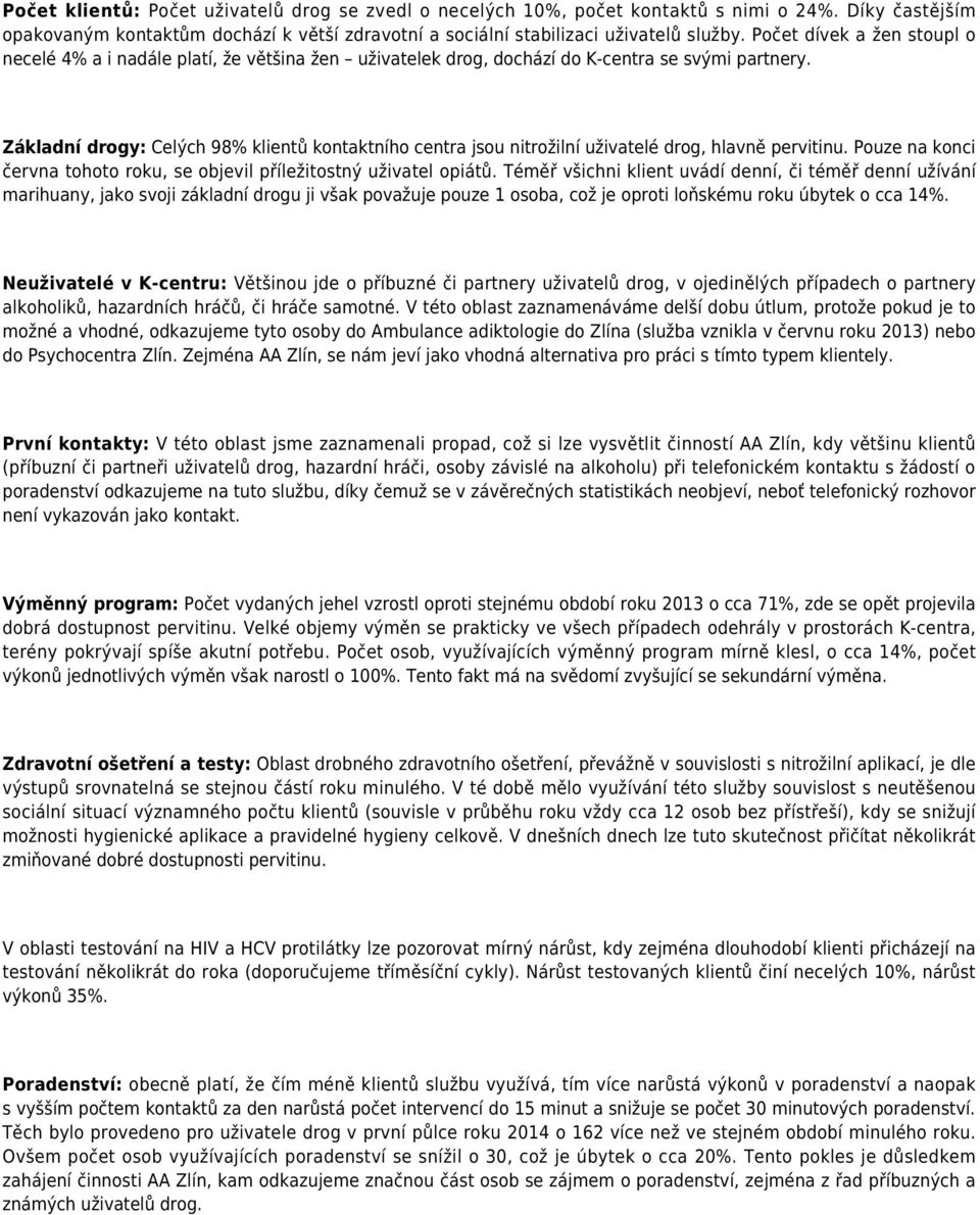 Základní drogy: Celých 98% klientů kontaktního centra jsou nitrožilní uživatelé drog, hlavně pervitinu. Pouze na konci června tohoto roku, se objevil příležitostný uživatel opiátů.