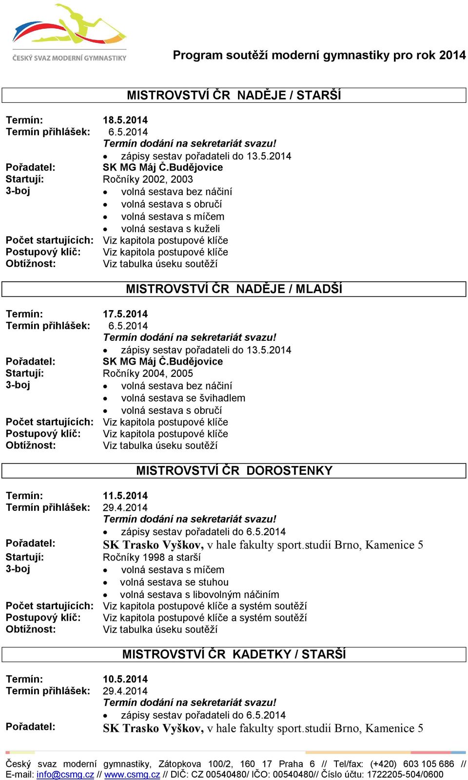 klíč: Viz kapitola postupové klíče Obtížnost: Viz tabulka úseku soutěží MISTROVSTVÍ ČR NADĚJE / MLADŠÍ Termín: 17.5.2014 Termín přihlášek: 6.5.2014 zápisy sestav pořadateli do 13.5.2014 Pořadatel: SK MG Máj Č.