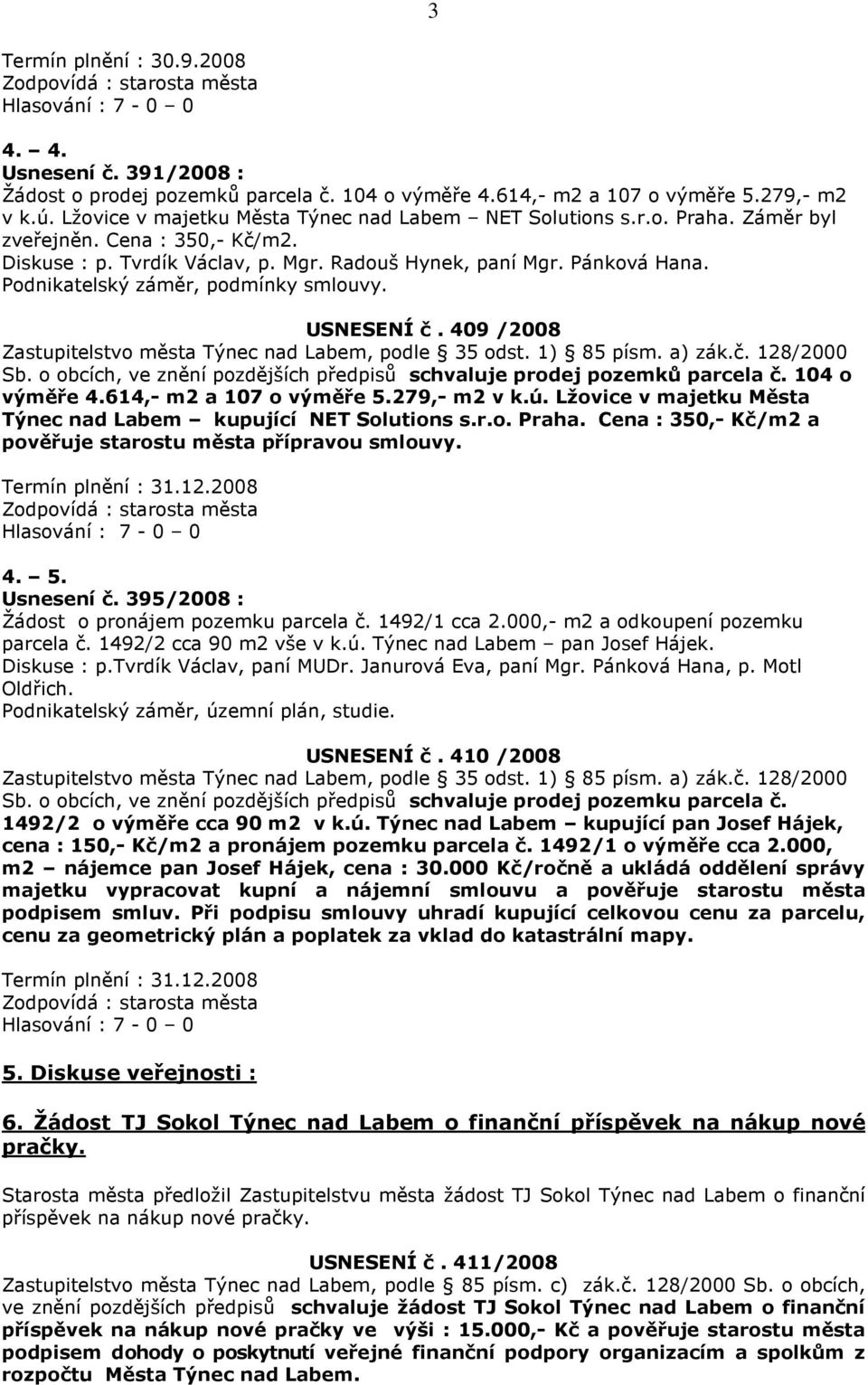 Podnikatelský záměr, podmínky smlouvy. USNESENÍ č. 409 /2008 Zastupitelstvo města Týnec nad Labem, podle 35 odst. 1) 85 písm. a) zák.č. 128/2000 Sb.