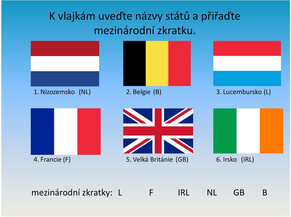 Belgie (B) 3. Lucembursko (L) 4. Francie (F) 5.