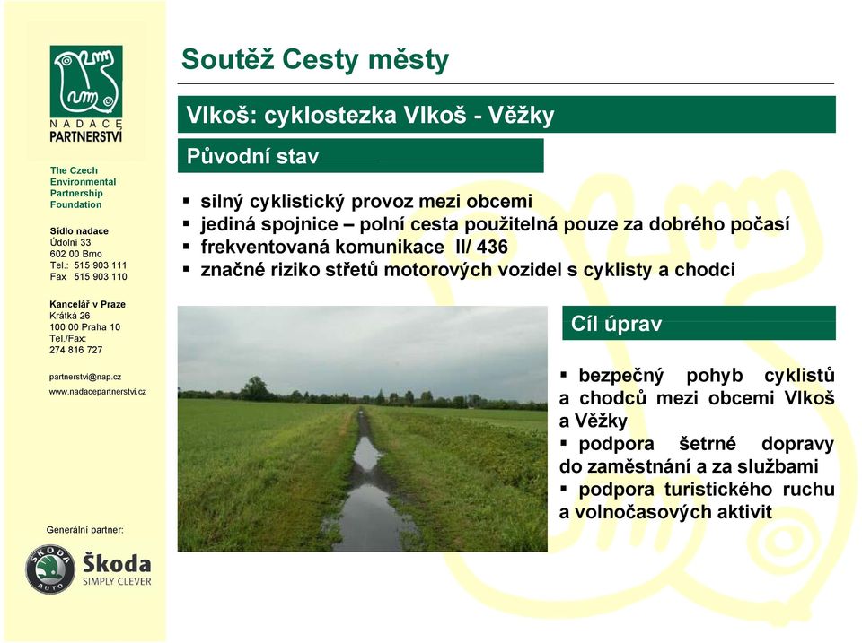 motorových vozidel s cyklisty a chodci Cíl úprav bezpečný pohyb cyklistů a chodců mezi obcemi Vlkoš