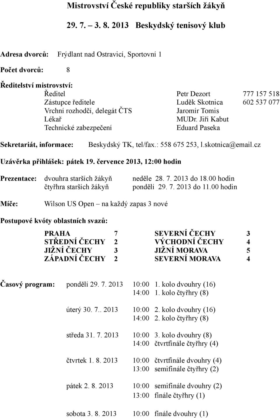 ČTS Jaromír Tomis MUDr. Jiří Kabut Technické zabezpečení Eduard Paseka Sekretariát, informace: Beskydský TK, tel/fax.: 558 675 253, l.skotnica@email.cz Uzávěrka přihlášek: pátek 19.
