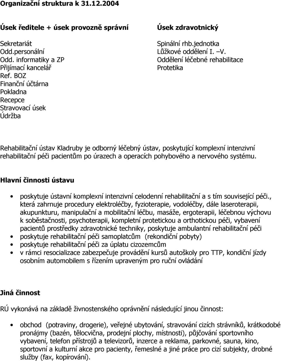 Oddělení léčebné rehabilitace Protetika Rehabilitační ústav Kladruby je odborný léčebný ústav, poskytující komplexní intenzivní rehabilitační péči pacientům po úrazech a operacích pohybového a