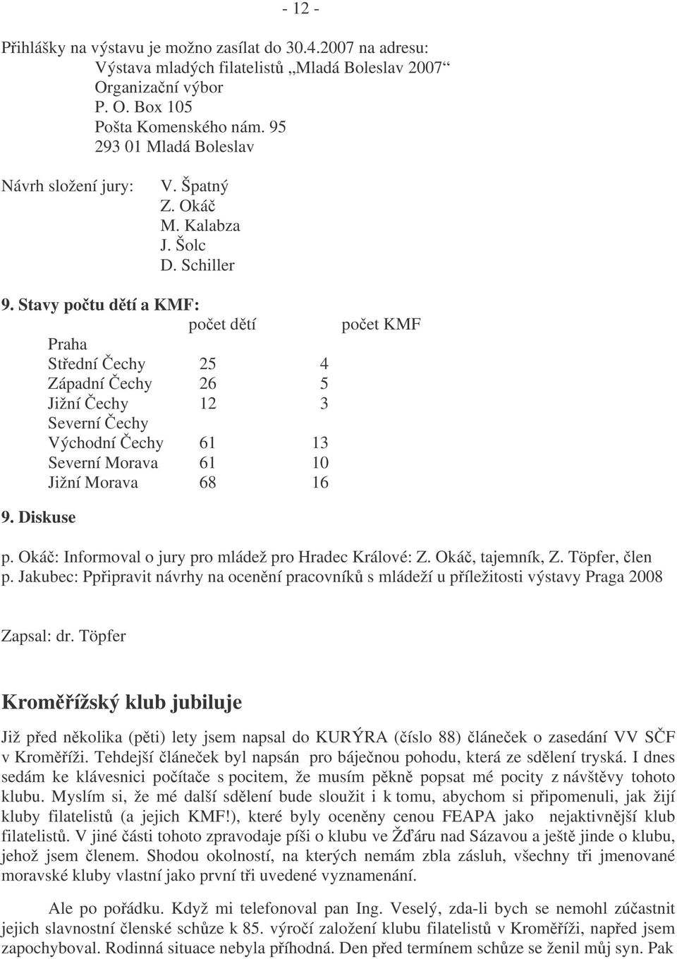 Stavy potu dtí a KMF: poet dtí Praha Stední echy 25 4 Západní echy 26 5 Jižní echy 12 3 Severní echy Východní echy 61 13 Severní Morava 61 10 Jižní Morava 68 16 poet KMF 9. Diskuse p.