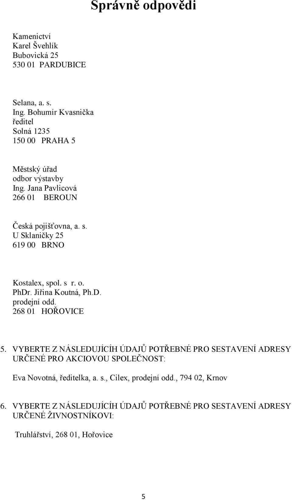 U Sklaničky 25 619 00 BRNO Kostalex, spol. s r. o. PhDr. Jiřina Koutná, Ph.D. prodejní odd. 268 01 HOŘOVICE 5.